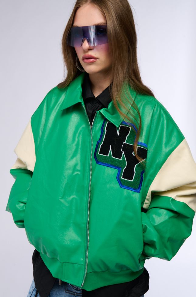 Side View Nueva York Varsity Patch Faux Leather Bomber Jacket