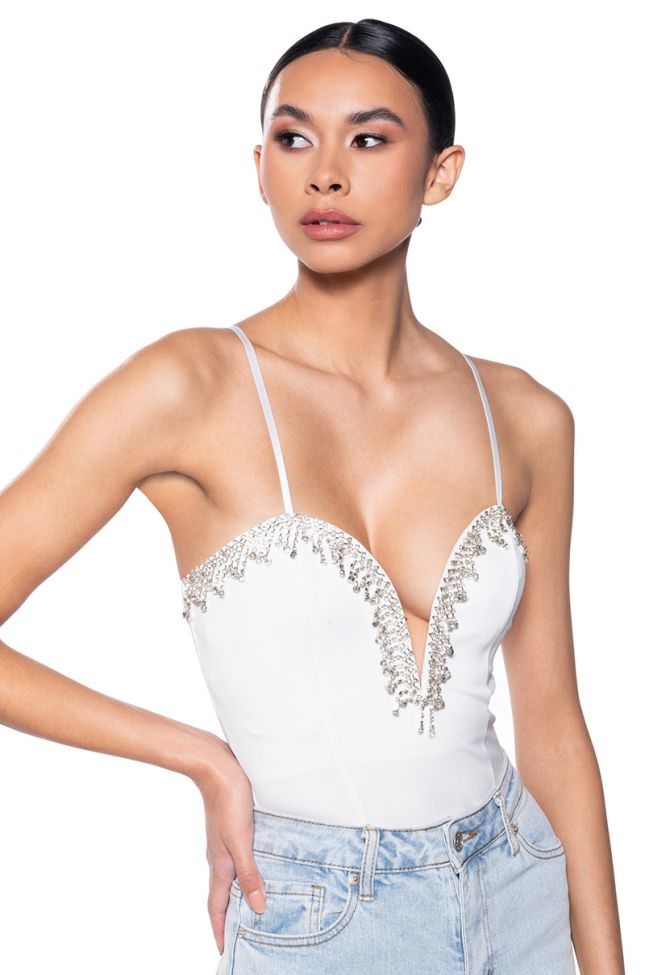 Front View Number One Embellished Deep V Bodysuit In White