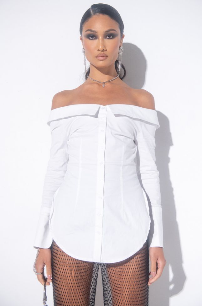 Front View Off Shoulder Poplin Blouse in White