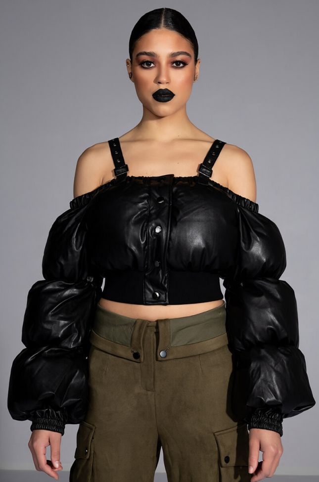Front View Off Shoulder Puffer Pu Jacket