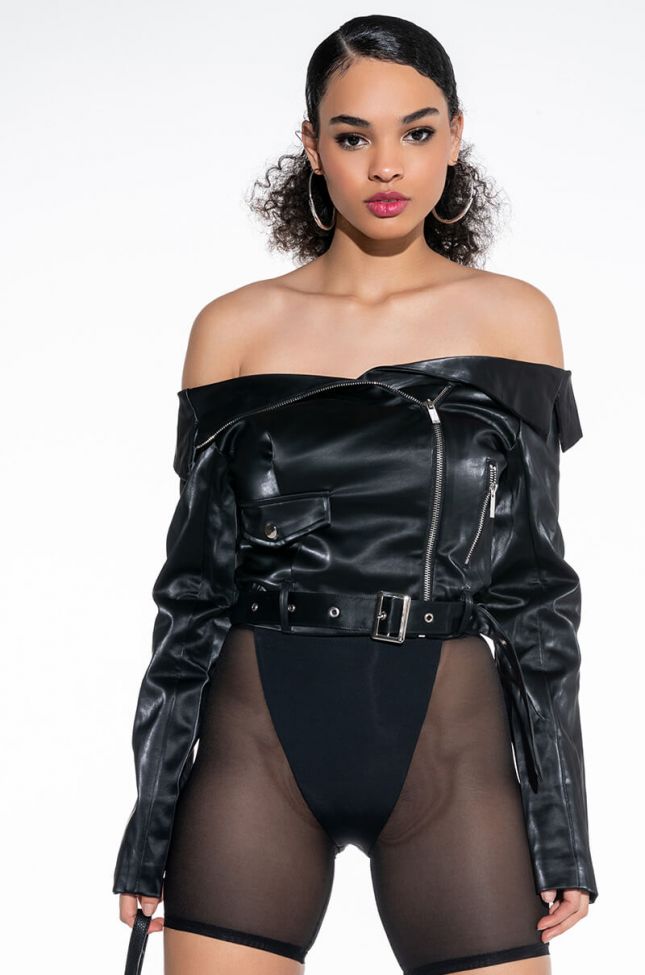 Front View Off The Shoulder Pleather Moto Jacket