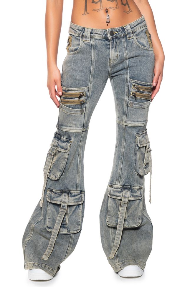Front View Officially Back Low Rise Flare Cargo Jeans