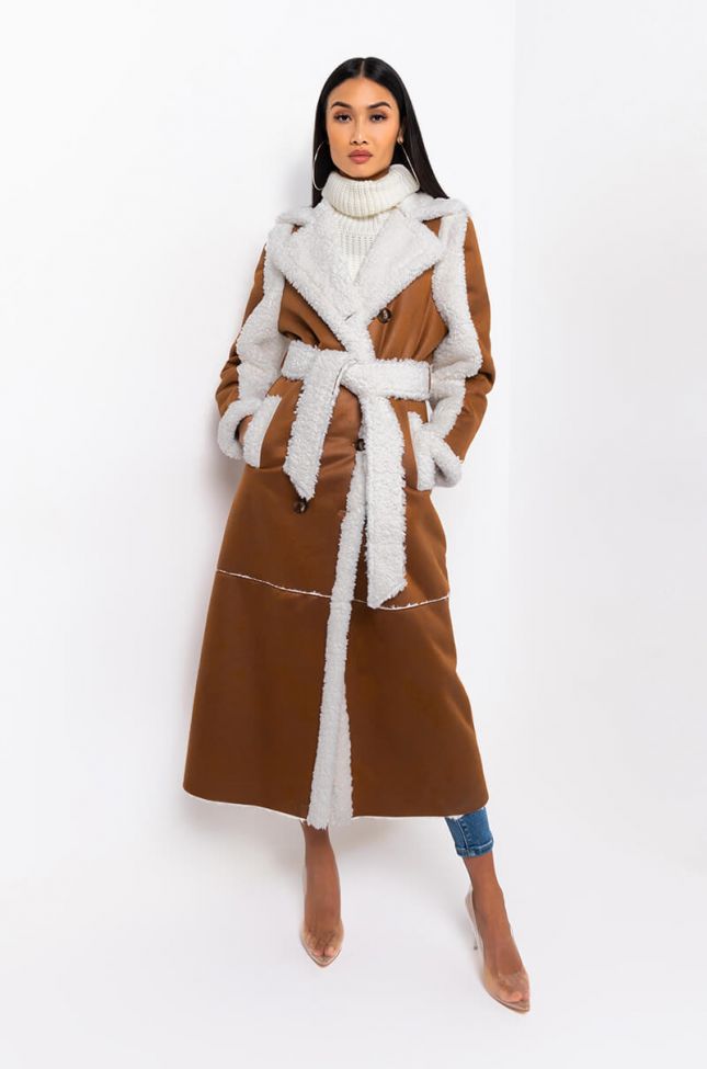 Side View Oh Na Na Shearling Suede Trench Coat in Brown Multi