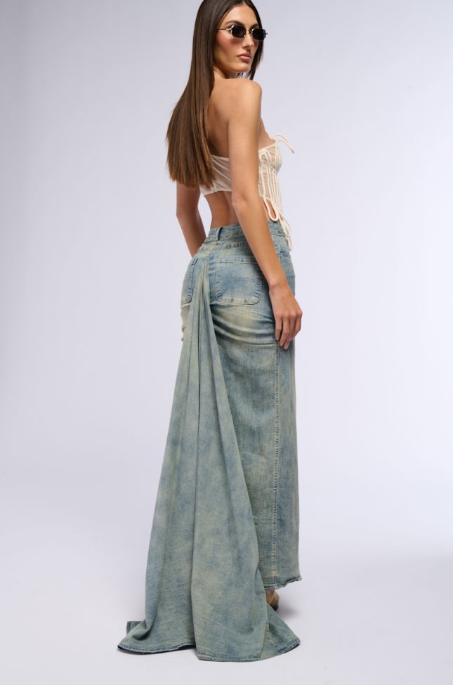 Full View Oh The Drama Denim Maxi Skirt With Train