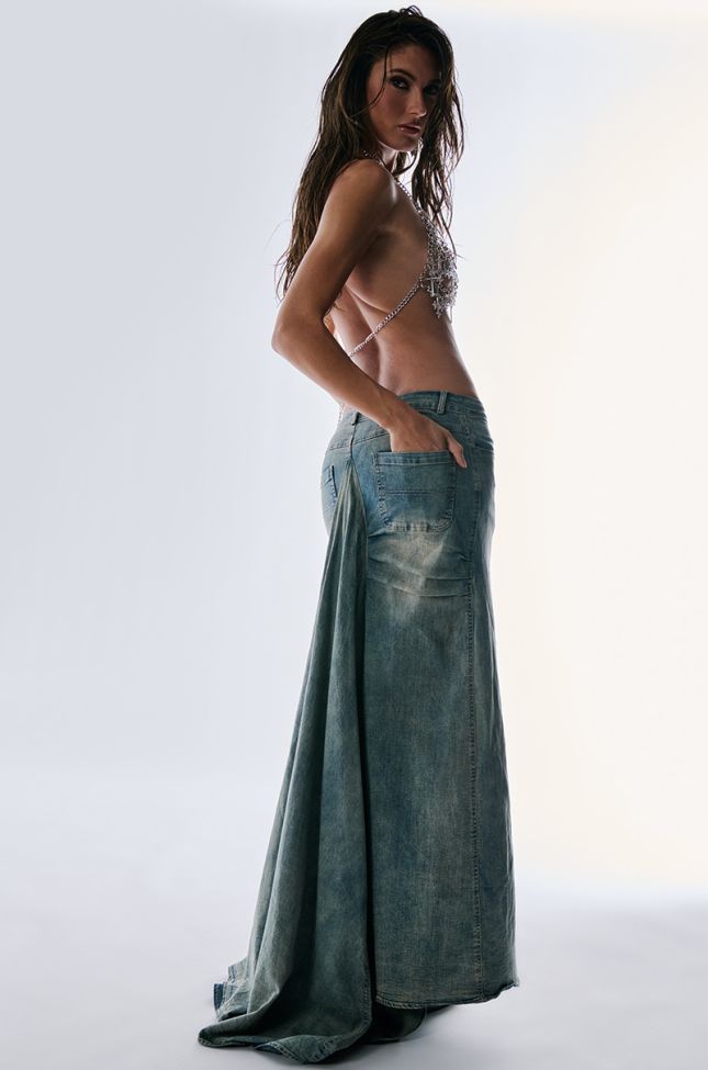 Extra View Oh The Drama Denim Maxi Skirt With Train