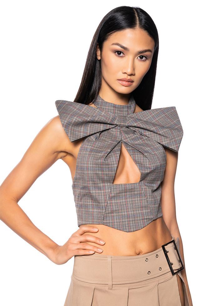 Front View Olivia Structured Bow Tie Halter Neck Top