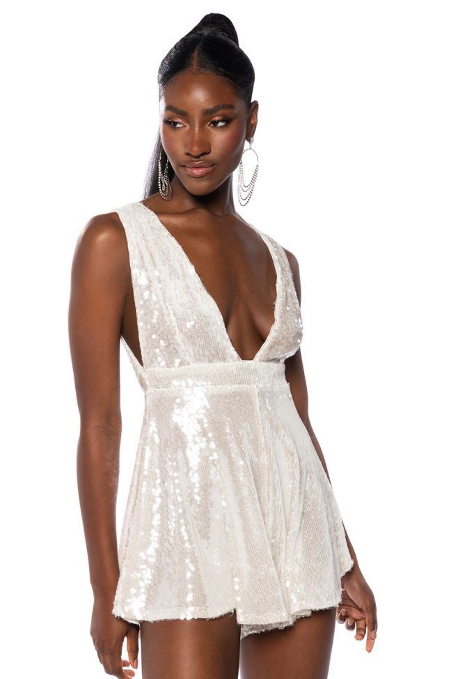 Front View Omnia Sleeveless Sequin Romper In White