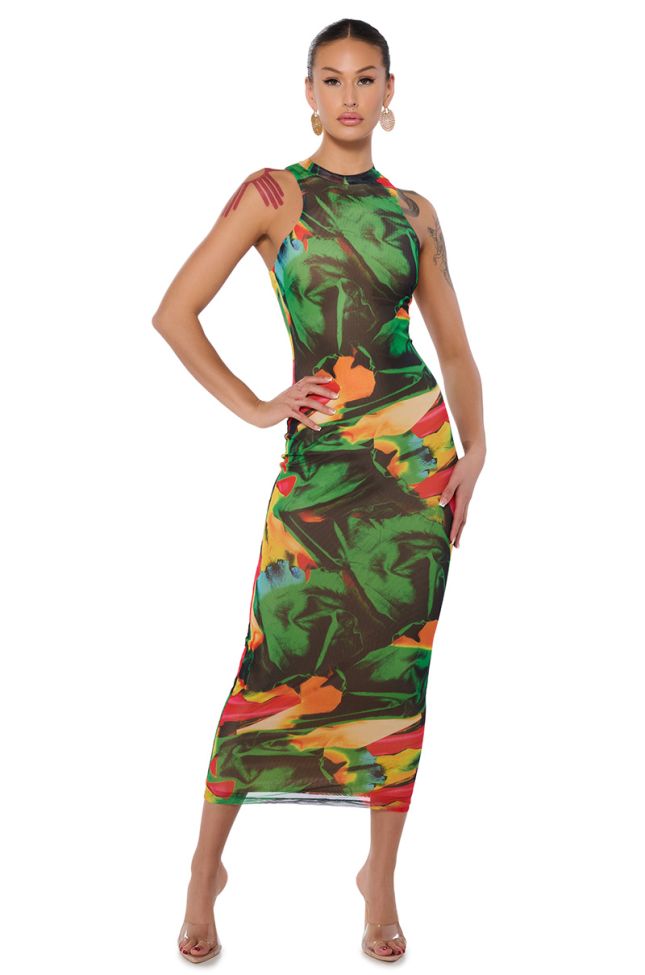 Front View On A Roll Printed Maxi Dress In Green Multi