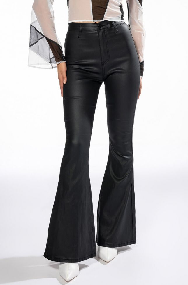 Front View On Duty Vegan Leather High Rise Flare Pants Long Inseam