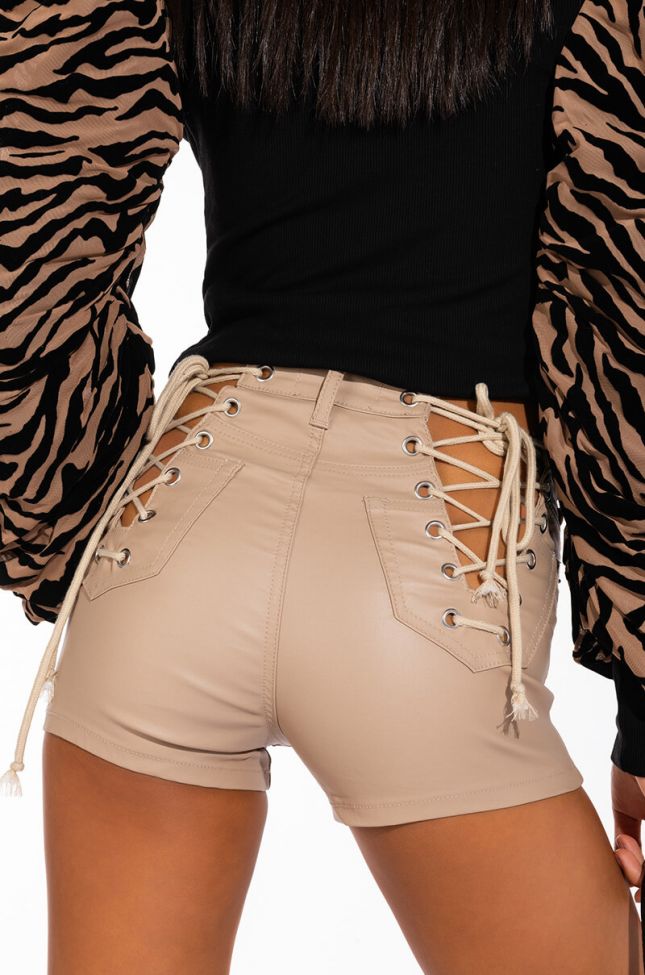 Back View On-duty Vegan Leather Lace Up Shorts