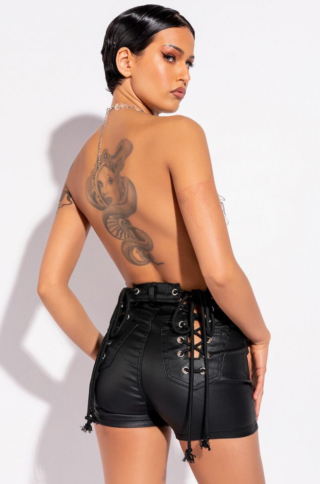 Back View On-duty Vegan Leather Lace Up Shorts