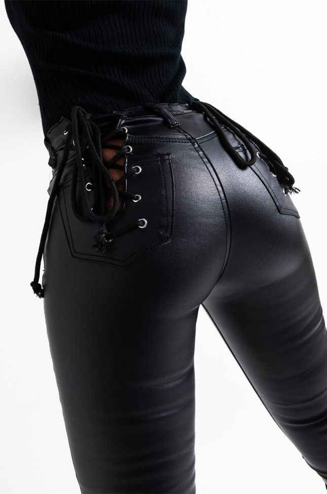 Detail View On Duty Vegan Leather Lace Up Skinny Pants in Black