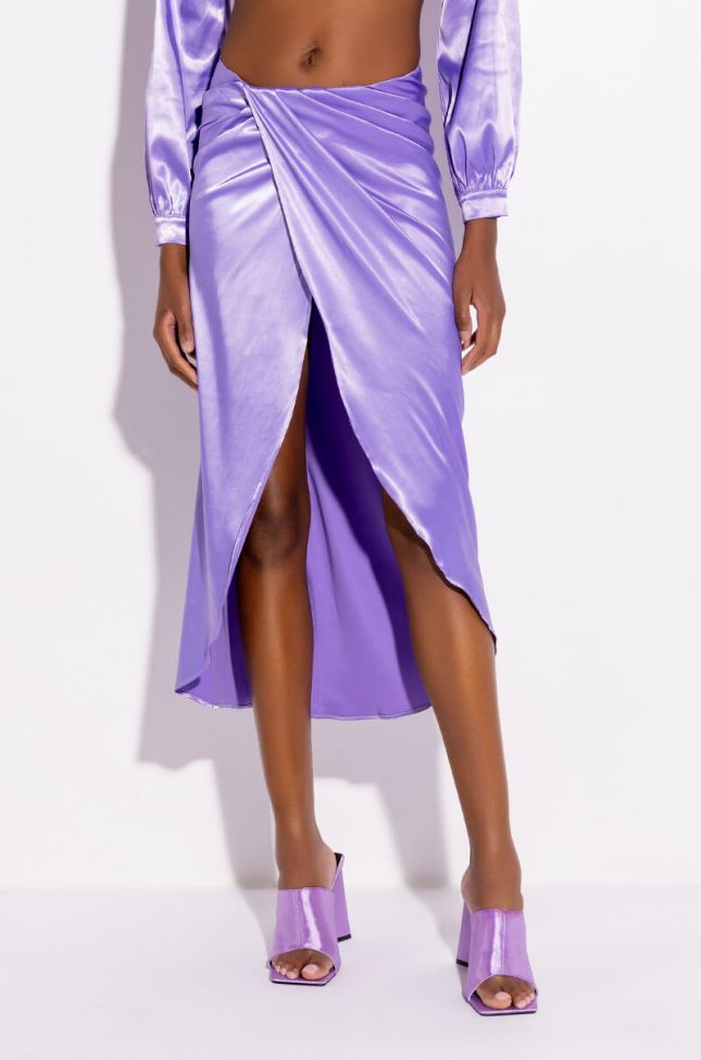Front View On My Level Wrap Front Satin Midi Skirt