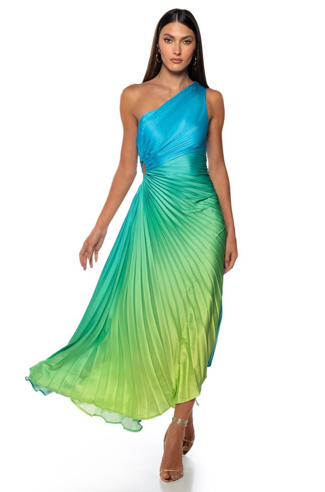 Front View On My Own Wave Ombre One Shoulder Maxi Dress In Blue Multi