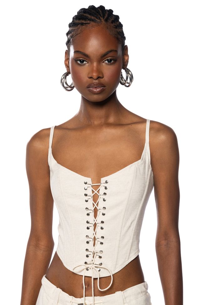 ON MY WAY LINEN LACE UP CORSET TOP