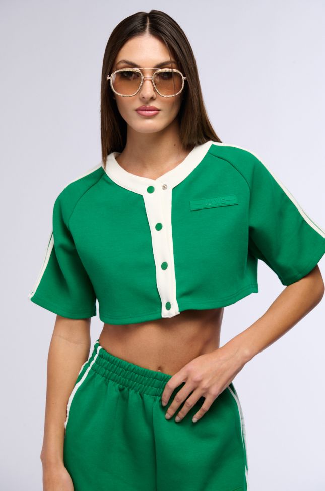 Front View On Point Button Down Crop Top In Green