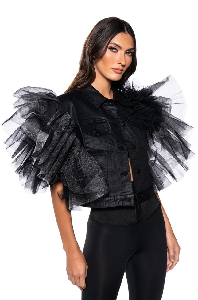 Side View On Repeat Tulle Shoulder Vest In Black Pu