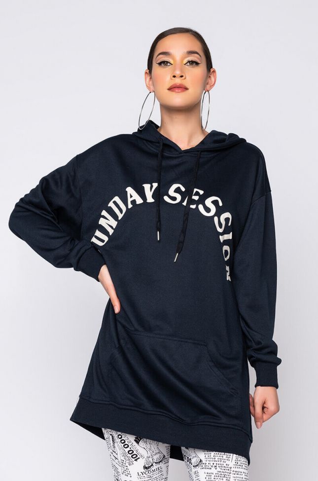 Front View On Sundays We Chill Oversized Hoodie in Dark Blue