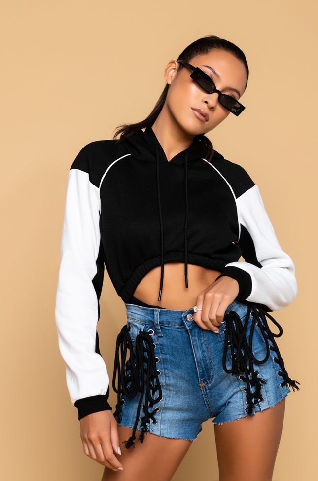 Front View On Target Cutout Hoodie Bodysuit in Black White