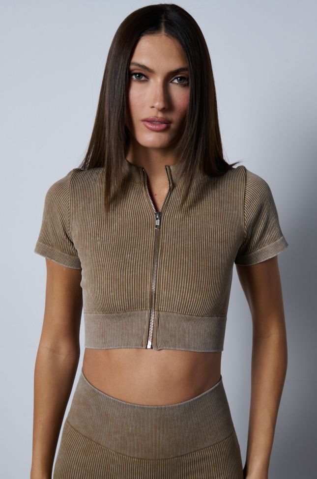 Front View On The Go Ribbed Zip Up Top