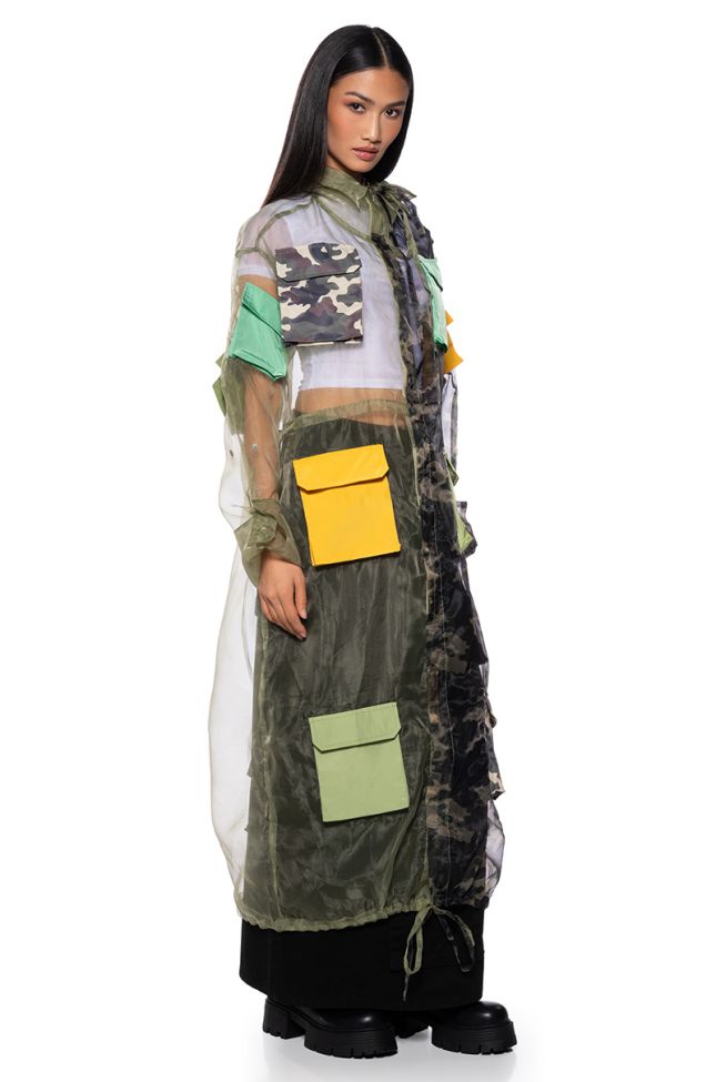 Front View On The Hunt Colorblock Camo Cargo Duster