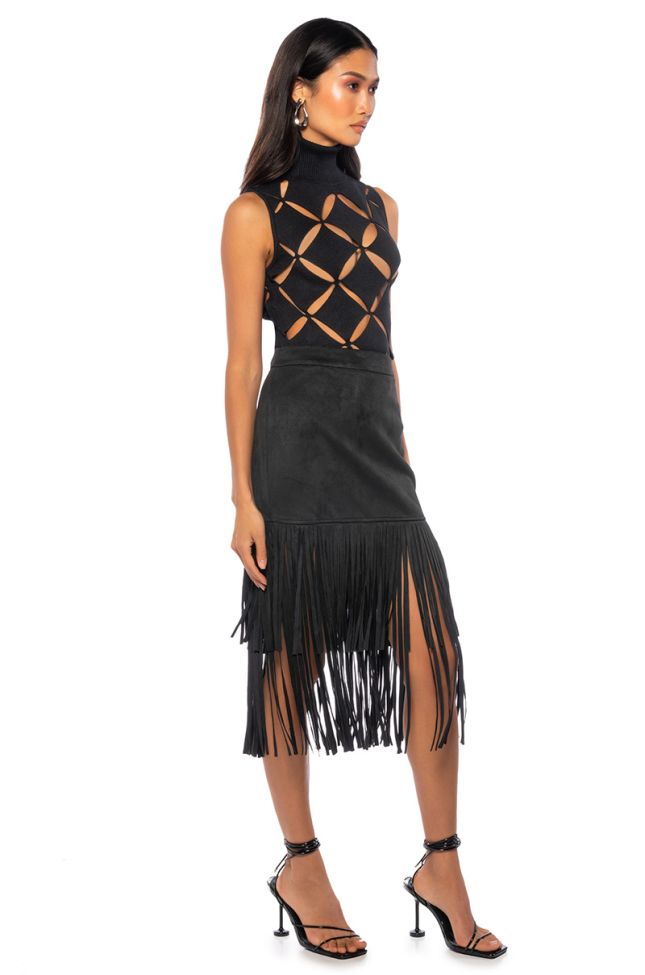 Side View On The Lookout Fringe Midi Skirt