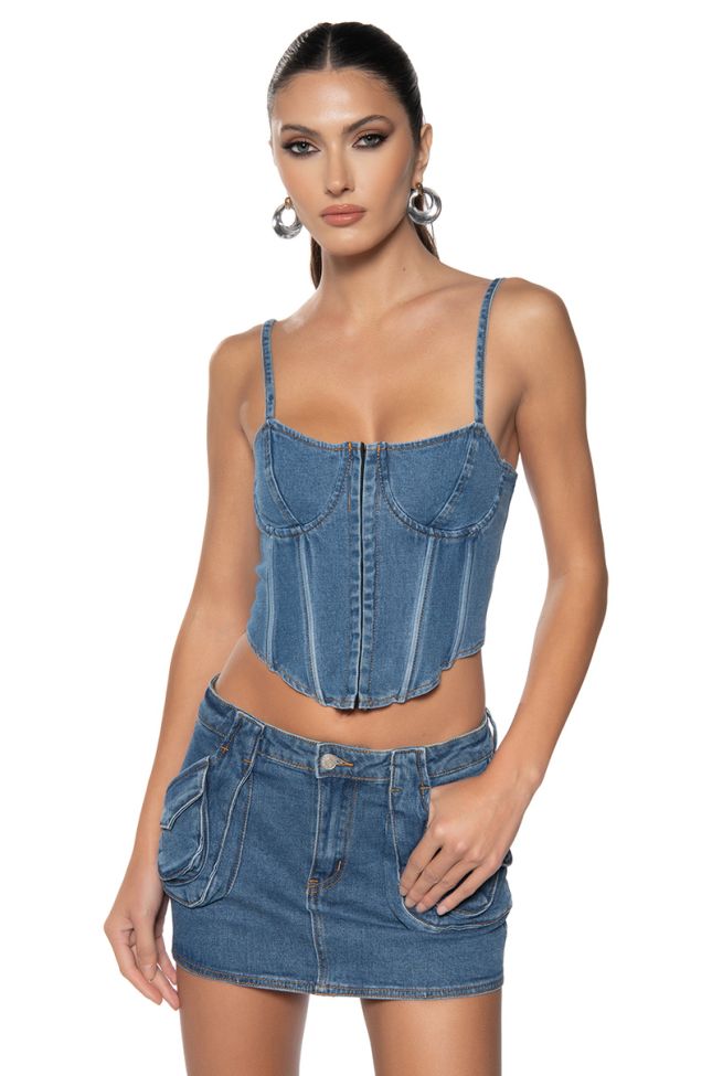 Front View On The Move Denim Corset Top