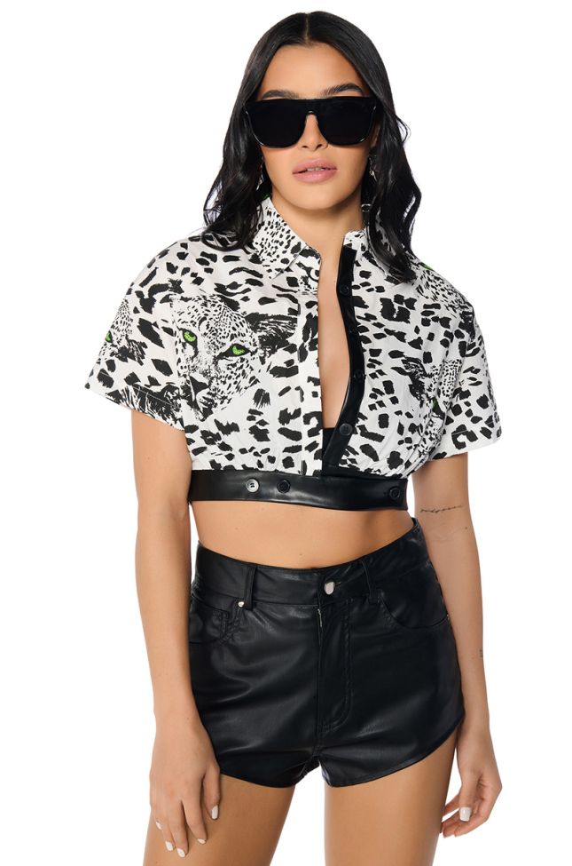 Front View On The Prowl Animal Print Cropped Shirt