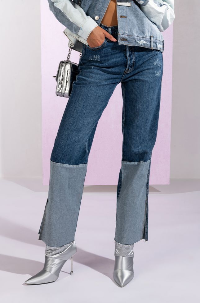 Front View On The Road Again High Rise Straight Leg Patchwork Jeans