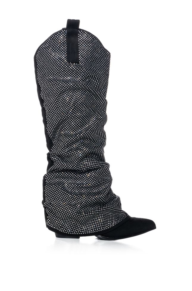 Side View On The Road Rhinestone Fold Over Western Boot In Black