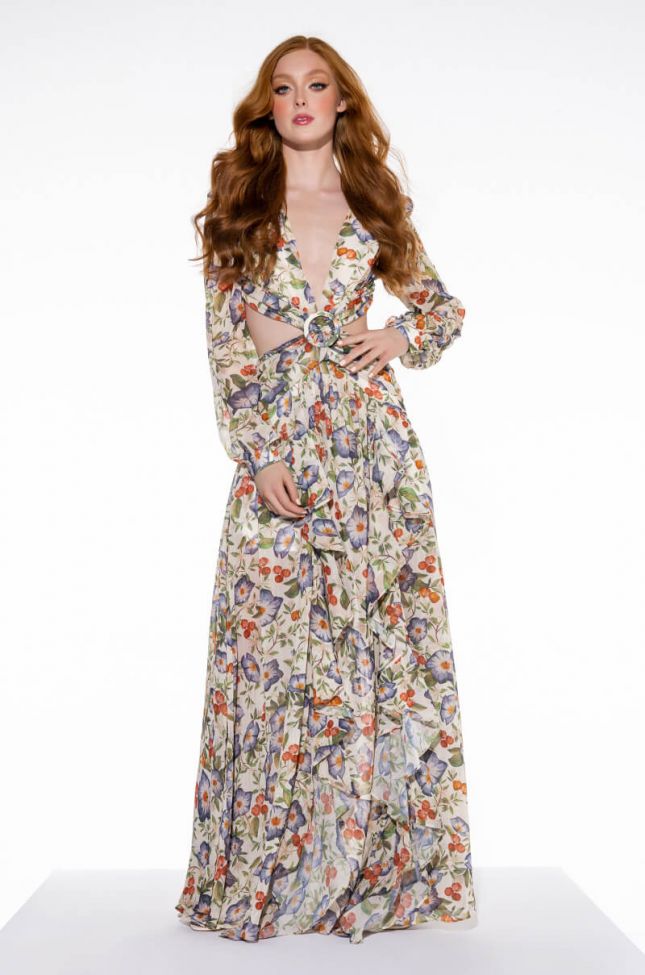 Front View On Top Maxi Floral Dress With Side Cut Outs