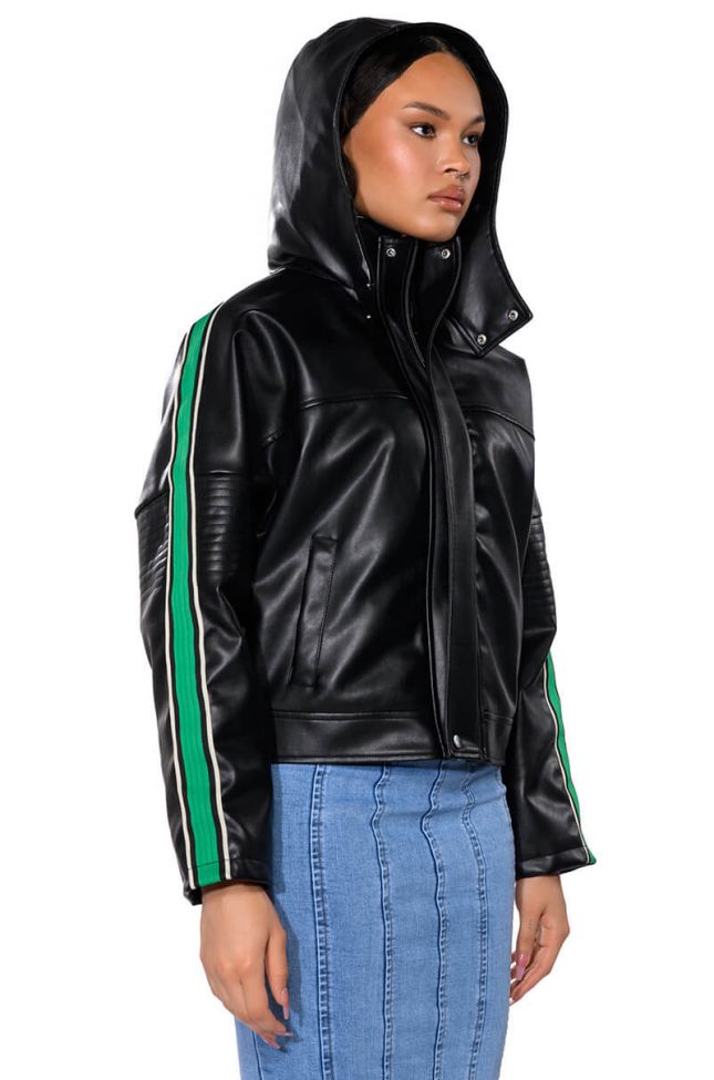 ON YOUR MARKS FAUX LEATHER HOODED JACKET