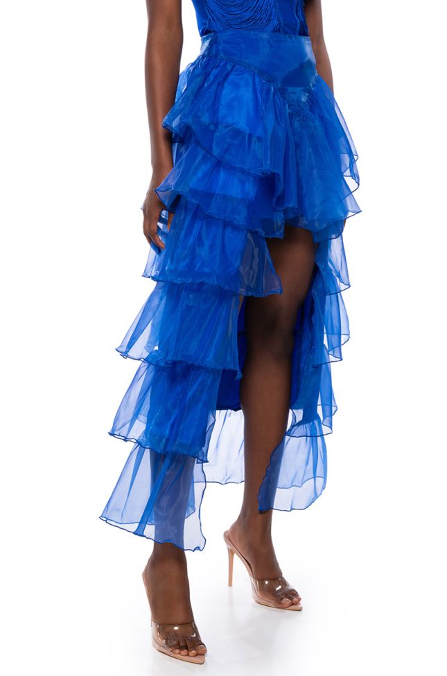 Side View Once Upon A Dream Ruffle Maxi Skirt In Royal Blue