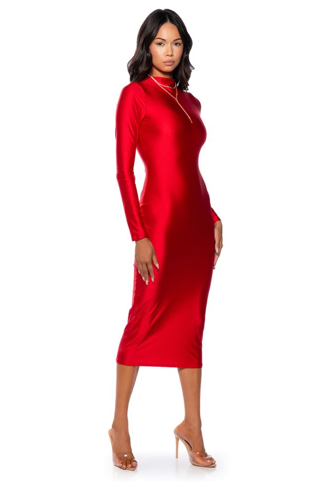 Front View One Of One Long Sleeve Midi Dress In Red