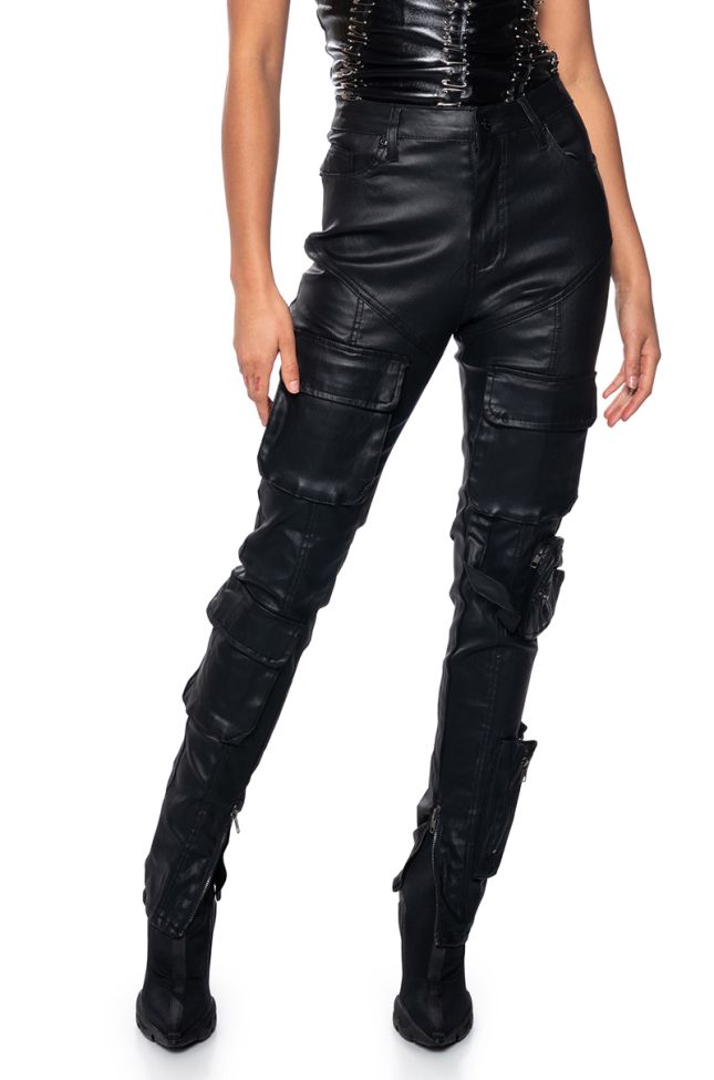 Front View One Step At A Time Faux Leather Cargo Skinny Pants