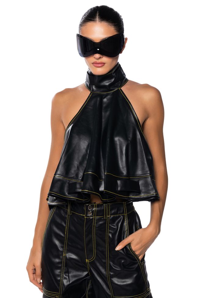 Front View Onyx Belted High Neck Faux Leather Top