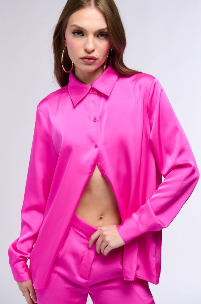 Front View Open To Whatever Long Sleeve Satin Button Down In Pink