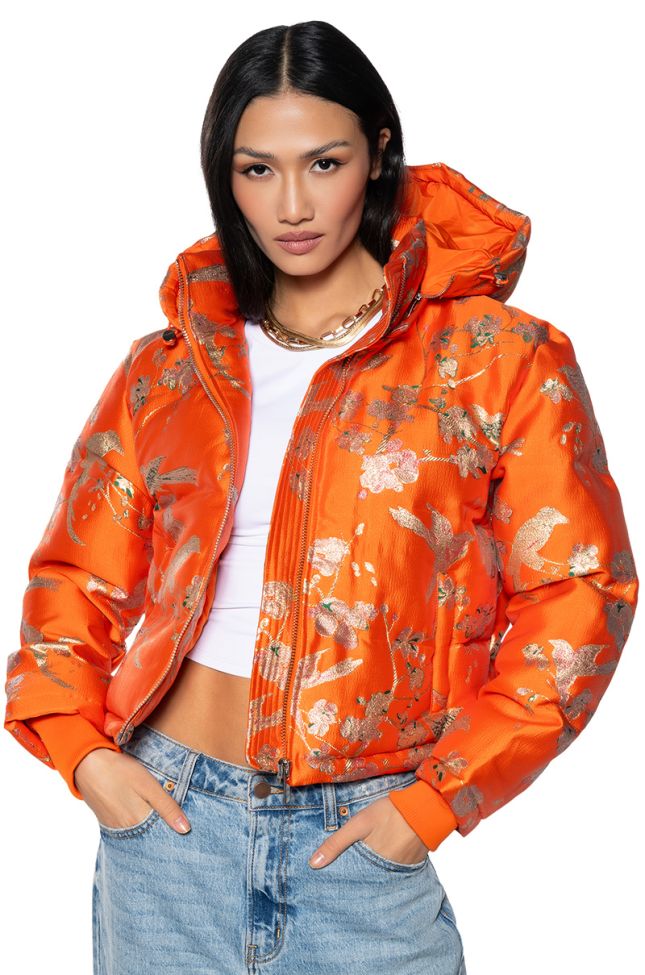 Front View Orangey Brocade Puffer With Removable Hood