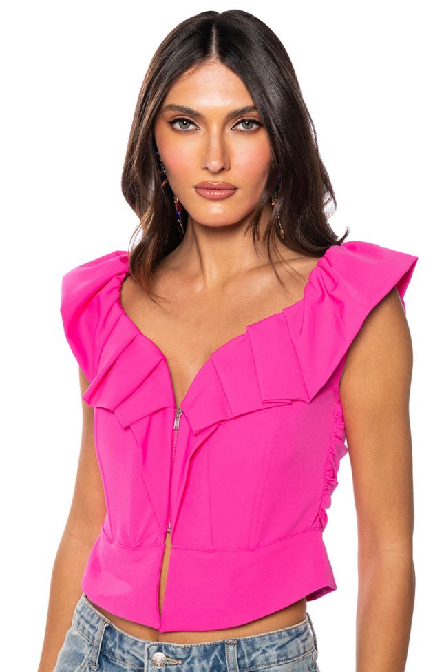 Front View Orchid Ruffle Sleeve Corset Top In Pink