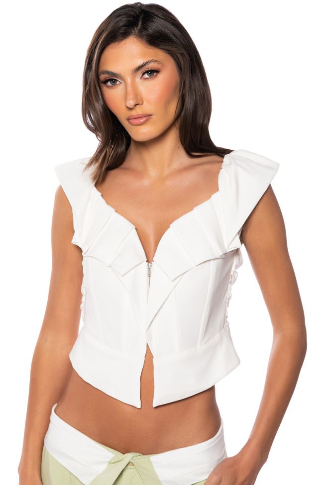 Front View Orchid Ruffle Sleeve Corset Top In White