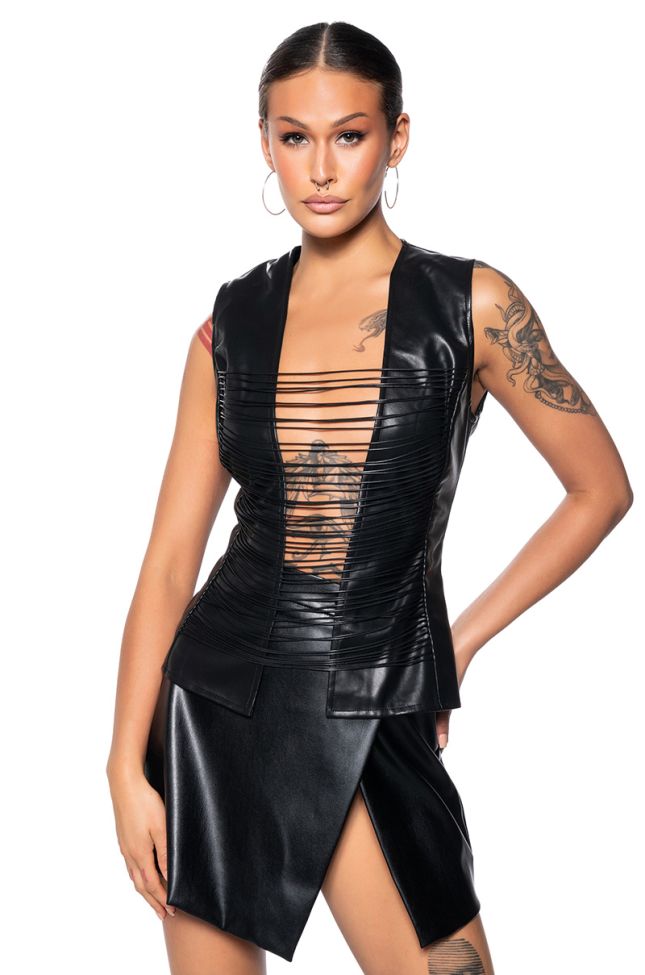 Front View Out Of The Void Faux Leather Sleeveless Shirt