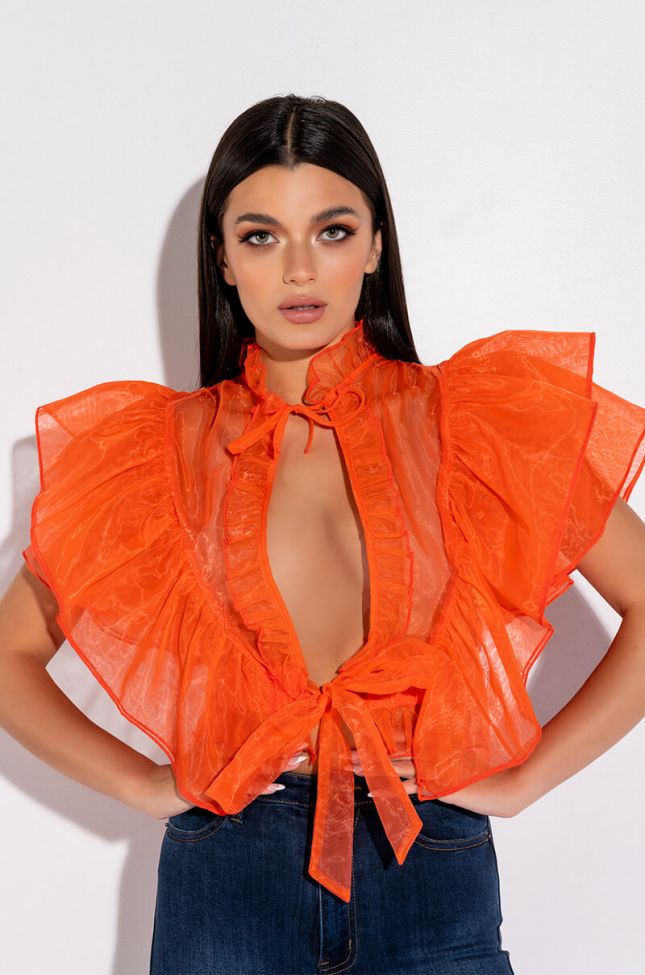 OUTTA MY WAY RUFFLE SLEEVE ORGANZA TIE FRONT BLOUSE