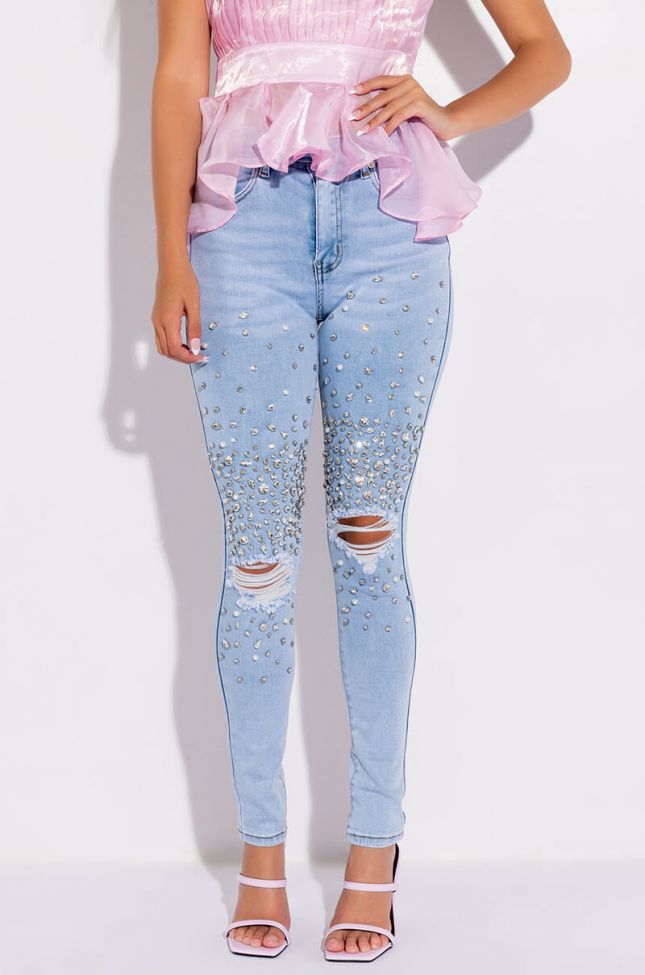 OUTTA THIS WORLD DISTRESSED RHINESTONE HIGH RISE SKINNY JEANS
