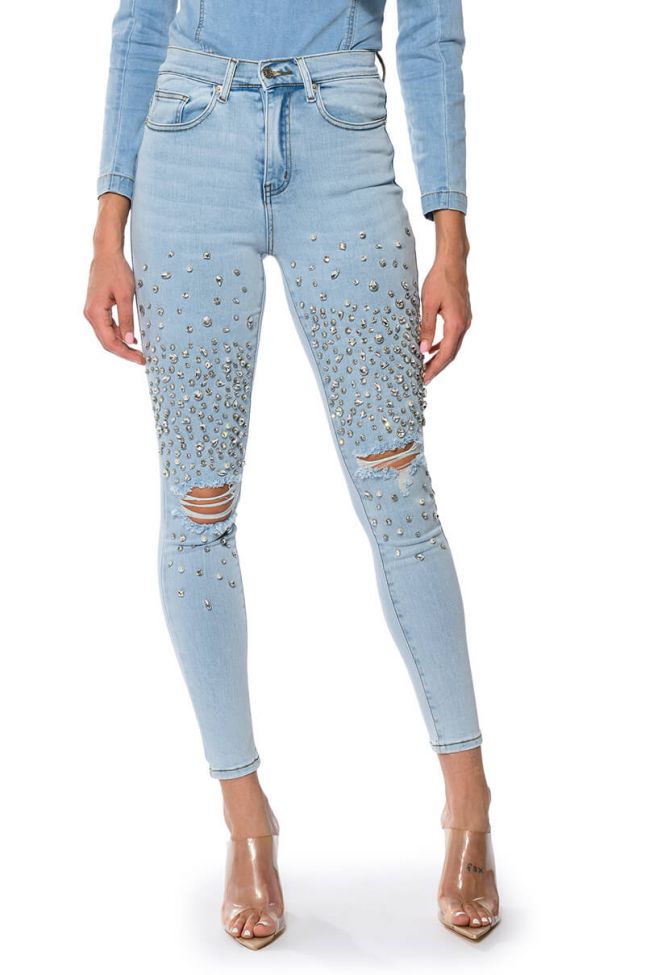 Front View Outta This World Distressed Rhinestone High Rise Skinny Jeans