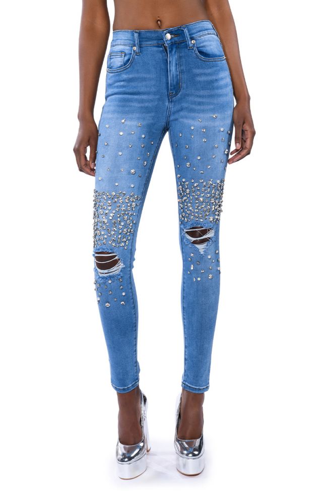 Side View Outta This World Distressed Rhinestone High Rise Skinny Jeans