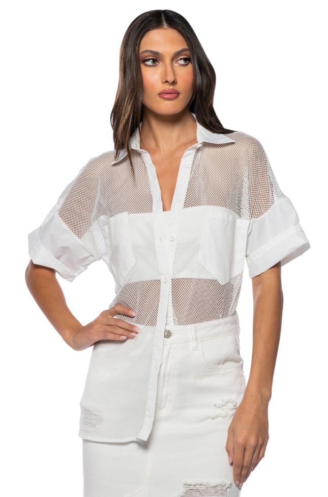 Front View Oversized Mesh Short Sleeve Button Down In White