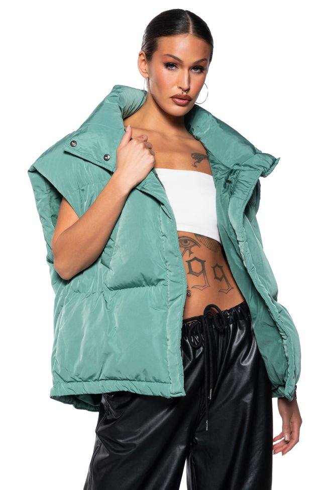 Front View Oversized Nylon Puffer Vest In Green