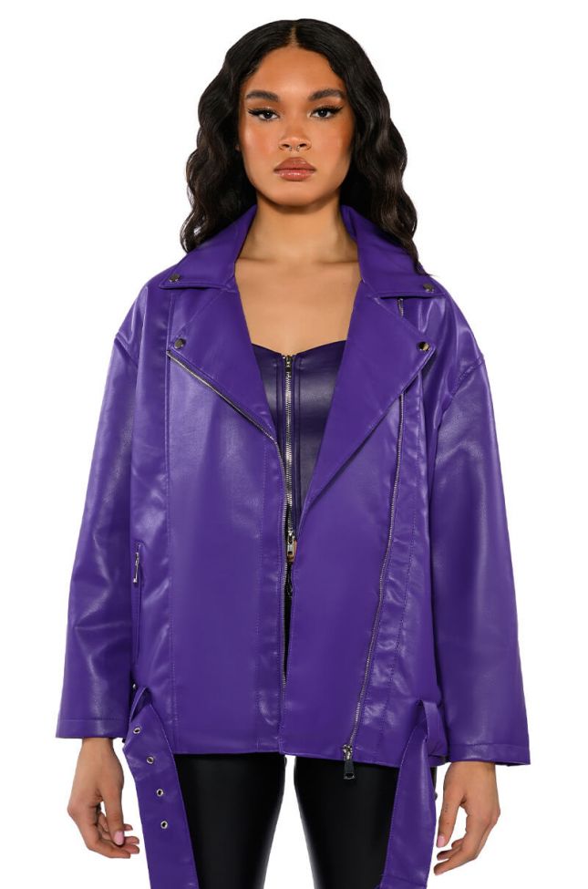 Side View Oversized Saturated Purple Moto Jacket