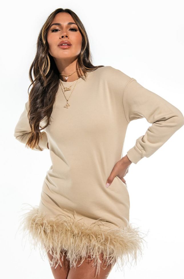 Front View Own It Sweatshirt Dress With Feather Trim