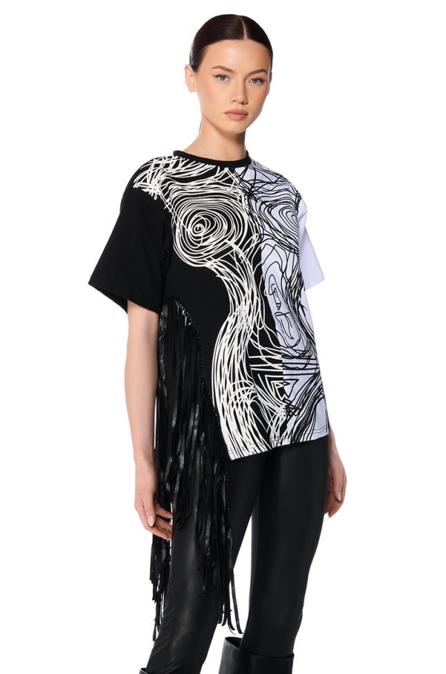Front View Paint Me Faux Leather Fringe Detail Oversized Tshirt